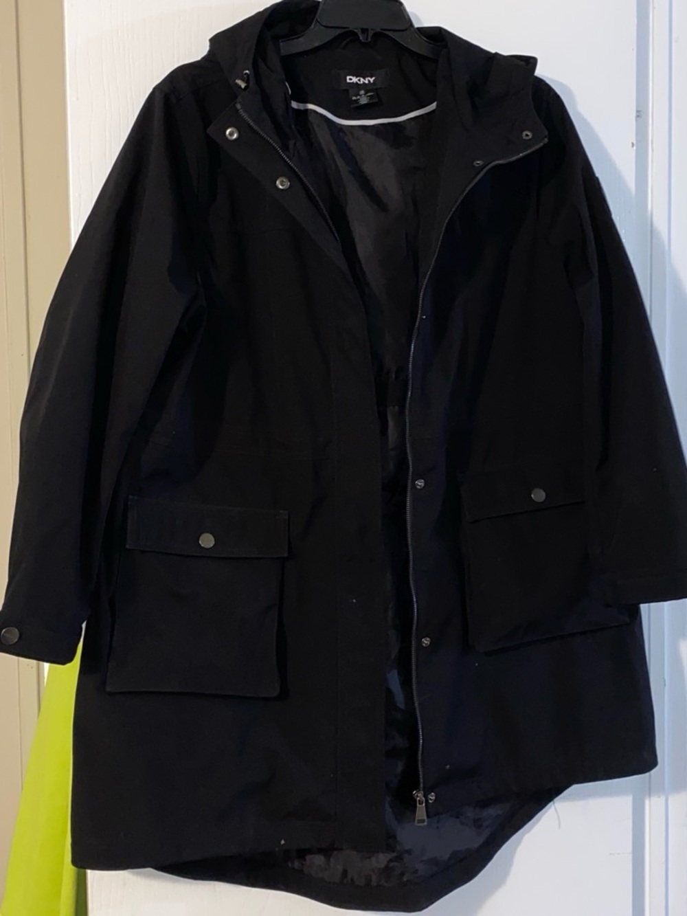 DKNY Black Hooded Coat with Front Flap Pockets
